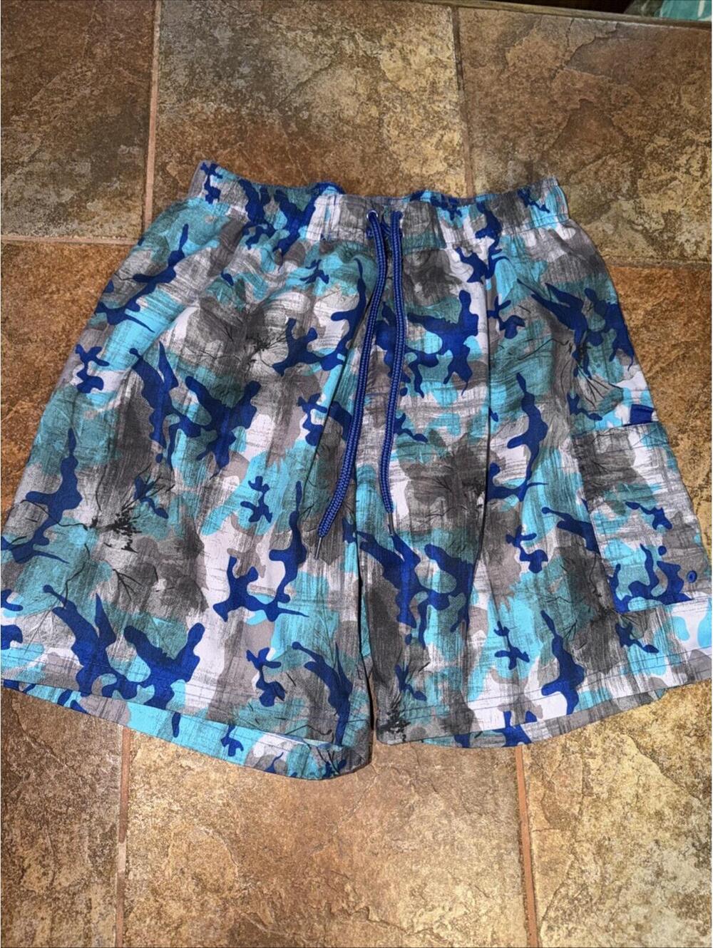 Talos Mens Camo Graphic Blue Elastic Waist Drawstring Shorts Size Medium